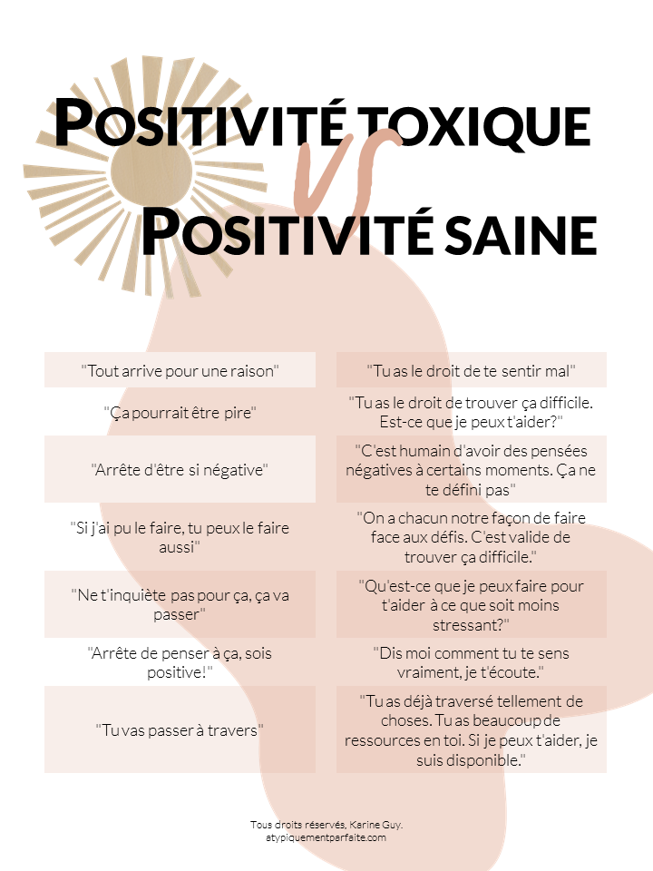 Positivité toxique vs positivité saine. Valider les émotions authentiques permet de lâcher prise plus facilement. PDF à imprimer. Outil gratuit. atypiquementparfaite.com