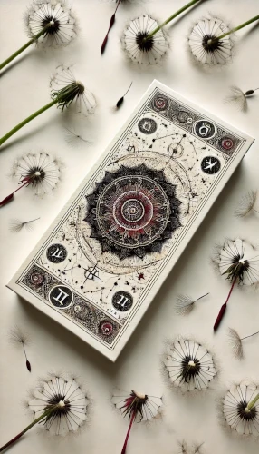 cartes où on voit un mandala entourée de pissenlits