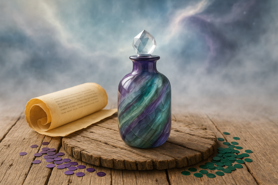 Bouteille mystique et parchemin.