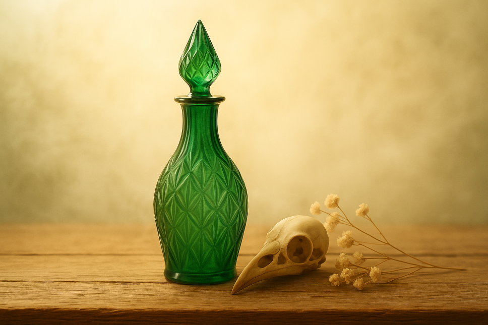 Bouteille verte et crâne d'oiseau
