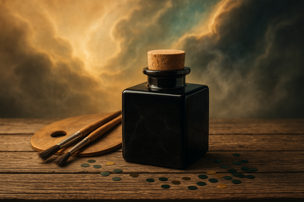 Bouteille mystérieuse et palette de peintre